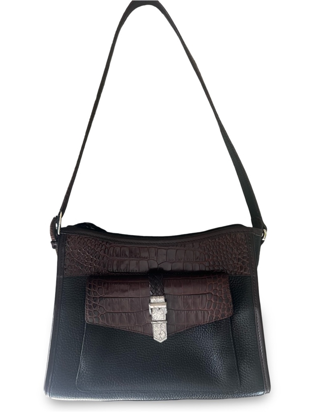 Brighton Collection Buckle Shoulder Bag Black and Tan with Croc Embossed Accents - Picture 15 of 15